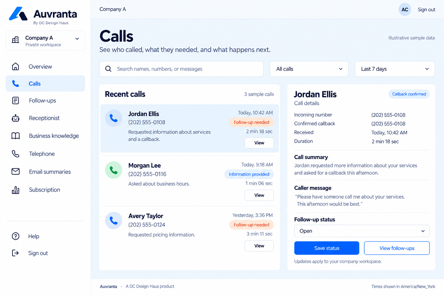 Approved Auvranta calls and follow-ups dashboard preview